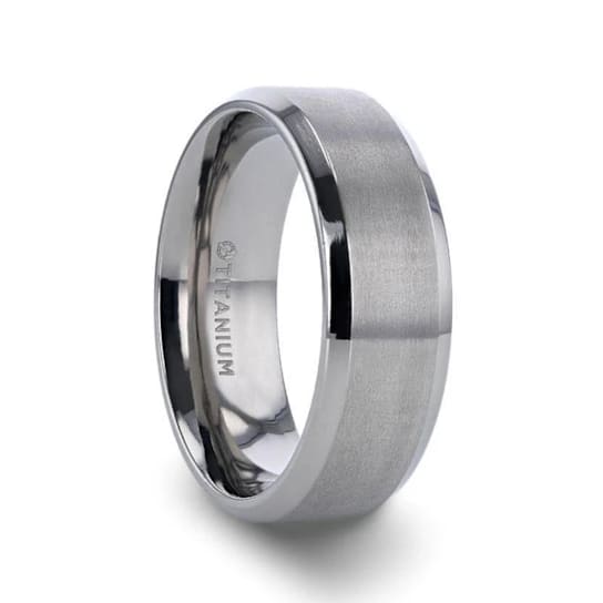 SHIRE Titanium Brushed Center Men’s Flat Wedding Ring with Polished
Beveled Edges 8mm
