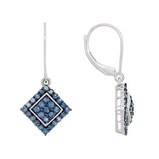 Blue Diamond Rhodium Over Sterling Silver Dangle Earrings 0.95ctw