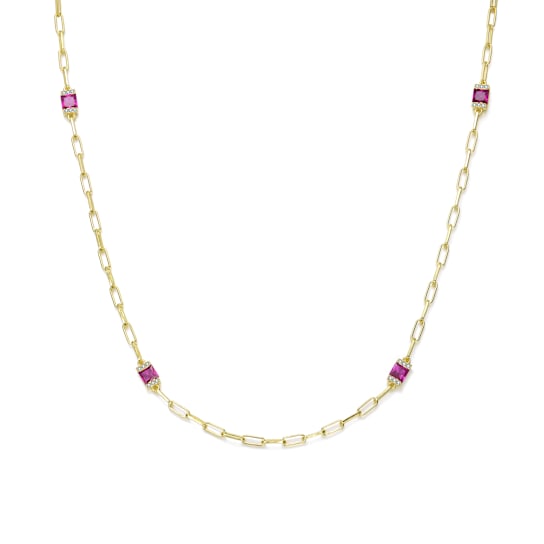 Ruby Color CZ Station Necklace In 14K Gold Over Brass