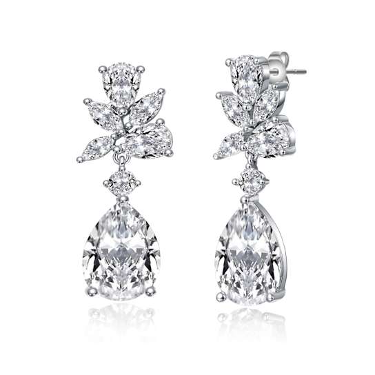 Pear Shape CZ Cluster Drop Earrings In White Gold Over Brass