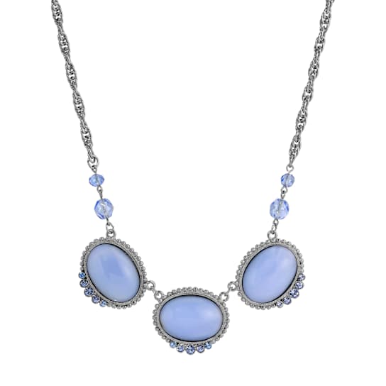 White Base Metal Oval Blue Moonstone & Crystals Necklace 16 inch Adj.