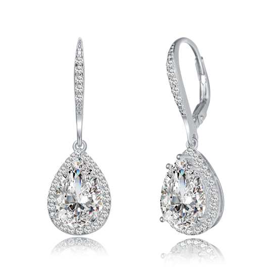 Pear Shape CZ Halo Drop Earrings In Sterling Silver