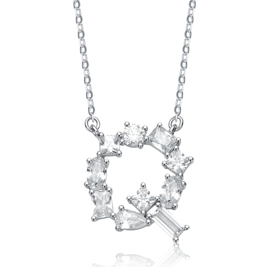 Initial Q Mixed Cut CZ Pendant Necklace In Sterling Silver 18 Inch