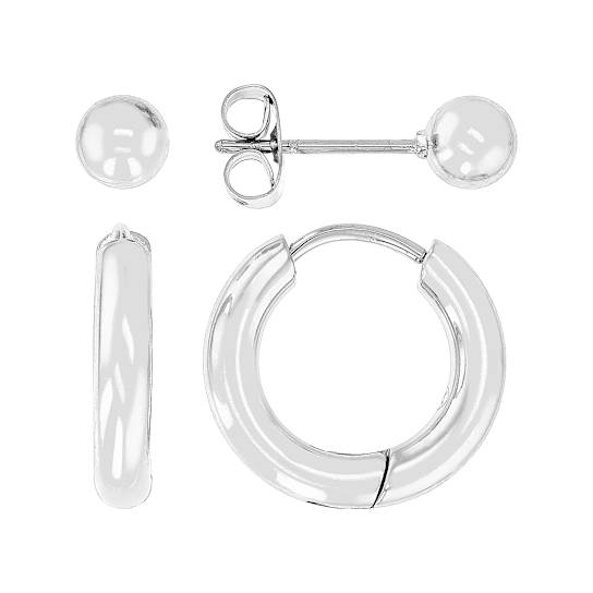 Huggie and Ball Stud Earring Stacking Set In Silver-Tone