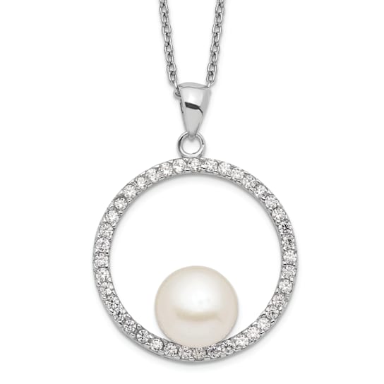 Cultured Freshwater Pearl and CZ Circle Pendant Necklace in Sterling Silver