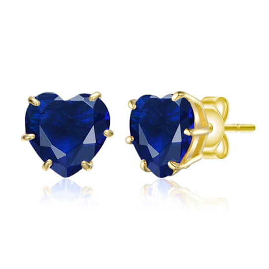 Sapphire Color CZ Heart-Shape Stud Earrings In 14K Gold Over Brass