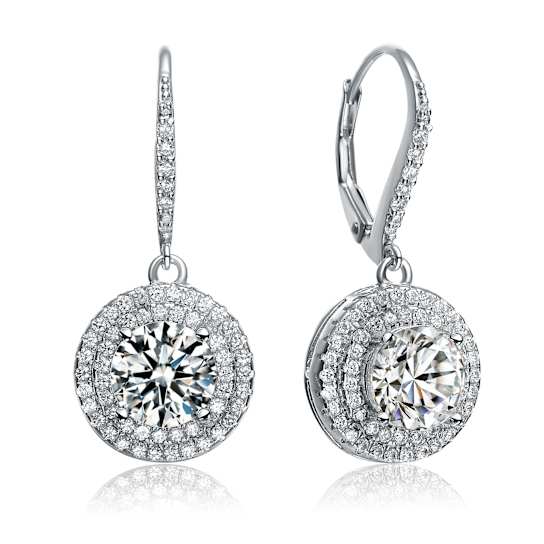 CZ Halo Drop Earrings In Sterling Silver