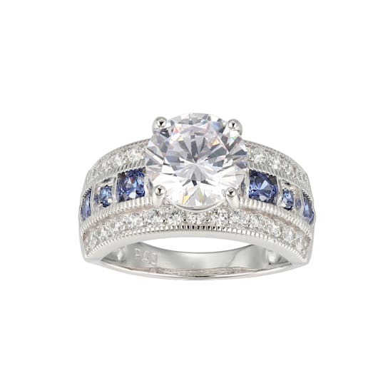 Blue And White Cubic Zirconia Platinum Over Silver Ring 6.21ctw