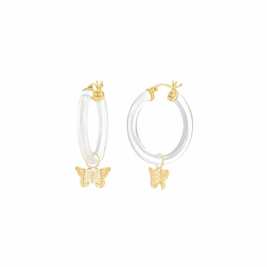 14K Yellow Gold Over Sterling Silver Acrylic Mini Butterfly Charm Hoop
Earrings in Clear