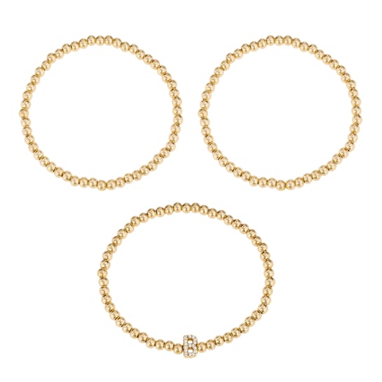Initial B CZ Beaded Bracelet Set In 14K Gold Over Brass 0.16ctw