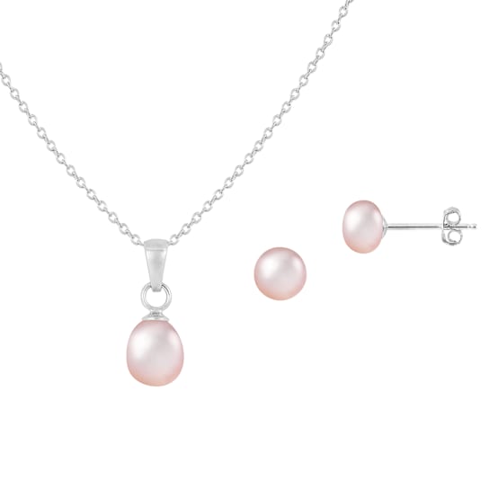 Pink Freshwater Pearl Earring And Pendant Set In Sterling Silver