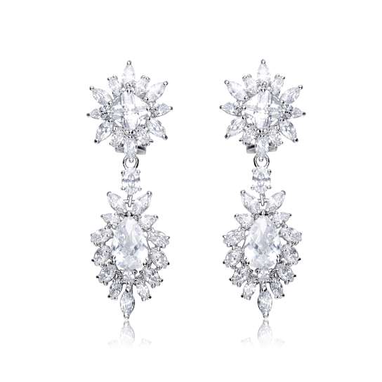 Oval CZ Double Halo Cluster Dangle Earrings In Sterling Silver