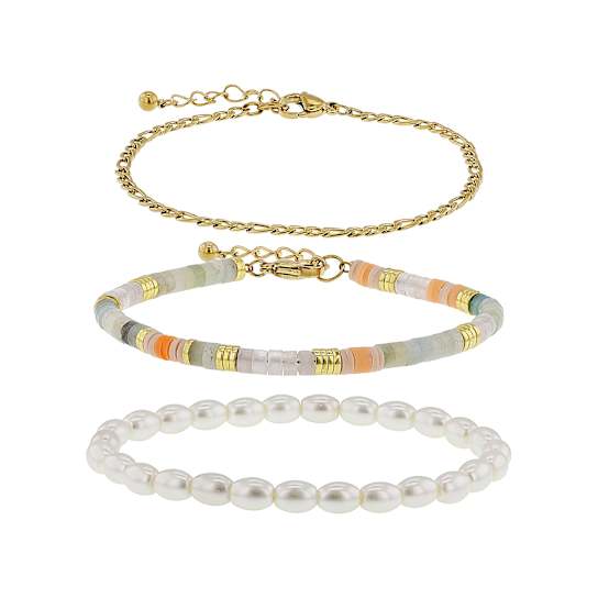 Stackable Stretch Bracelet Set With Curb Link, Gemstone Bead and
Simulated Pearl