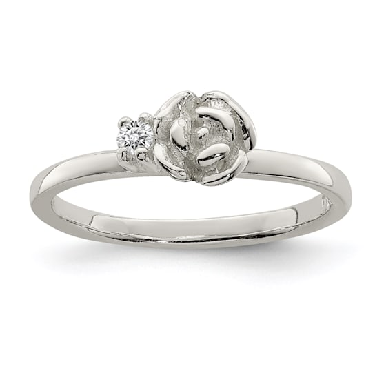Rhodium Over Sterling Silver Clear CZ Rose Kid's Ring