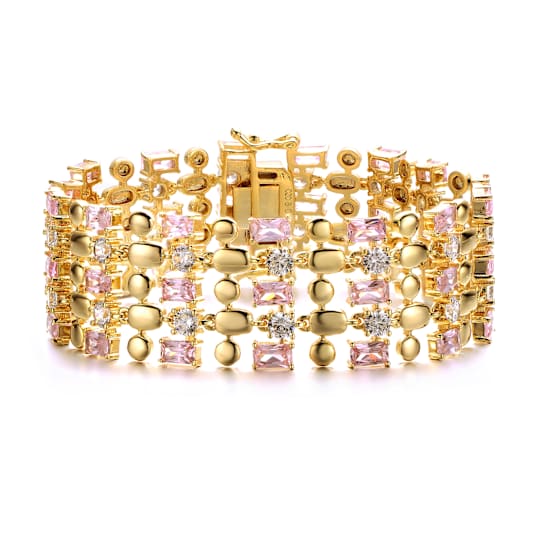 Pink CZ Wide Geometric Mesh Link Bracelet In 14K Gold Over Brass