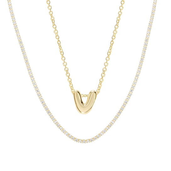 CZ Initial V Tennis Necklace And Pendant Set In 14K Gold Over Brass 4.05ctw