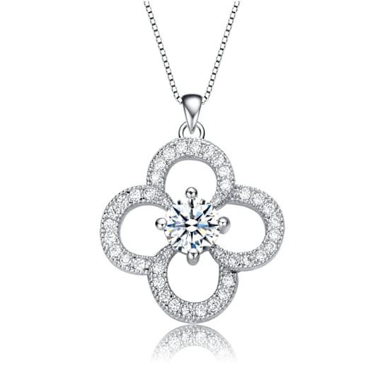 CZ Flower Pendant Necklace In White Rhodium Over Brass