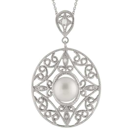 10-11mm Button White Cultured Freshwater Pearl and CZ Rhodium Over
Sterling Silver Pendant