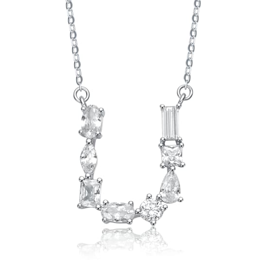 Initial U Mixed Cut CZ Pendant Necklace In Sterling Silver 18 Inch