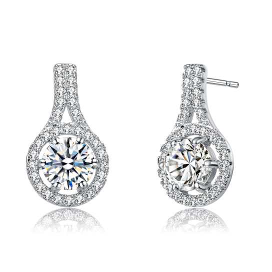 CZ Halo Drop Earrings In Rhodium Over Brass
