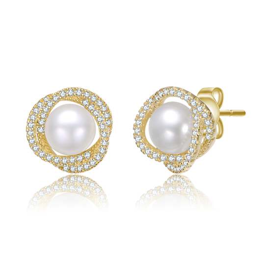 Pear Shape CZ And Mother Of Pearl Pave Stud Earrings In 14K Gold Over Brass