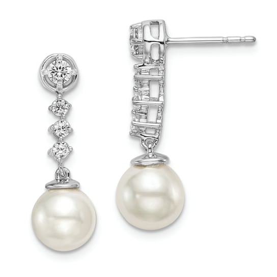 Rhodium Over 14K White Gold Freshwater Cultured Pearl and Diamond Post Earrings