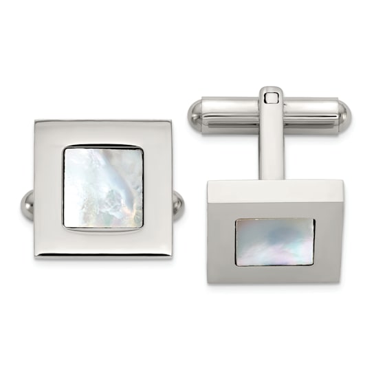 Stainless Steel Polished Mother of Pearl Inlay Square Cuff Links