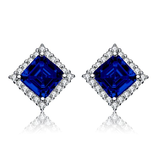 Sapphire Color CZ Square Stud Earrings In White Rhodium Over Brass