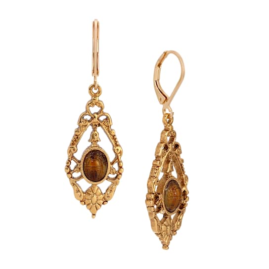 Brown Teardrop Dangle Earrings In Gold-Tone