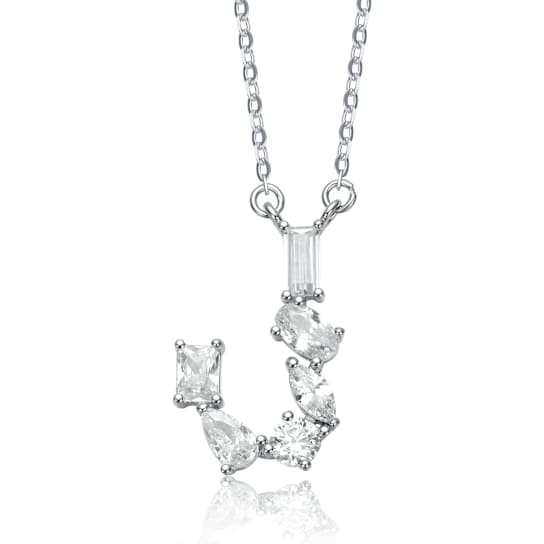 Initial J Mixed Cut CZ Pendant Necklace In Sterling Silver 18 Inch