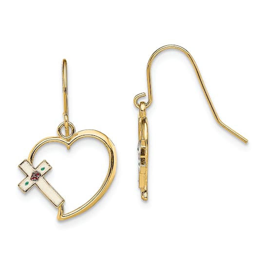 14k Yellow Gold with Enamel Cross Heart Dangle Earrings