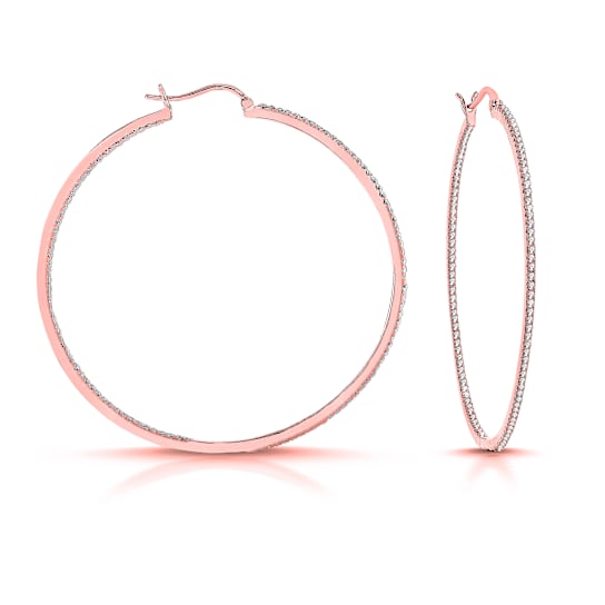 Clear Cubic Zirconia, 18k Rose Gold Over Brass Base Slim Large Hoop Earrings