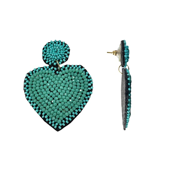 Teal Seed Bead Heart Statement Earrings