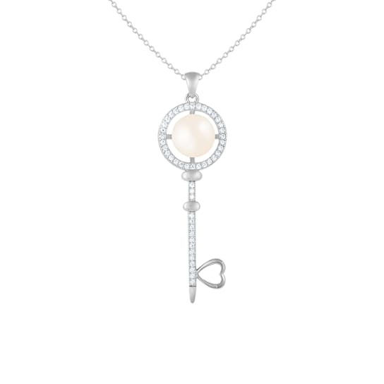 7-8mm Button White Cultured Freshwater and Cubic Zirconia Pearl Rhodium
Over Sterling Silver Pendant