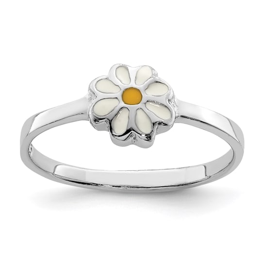 Rhodium Over Sterling Silver White and Yellow Enameled Daisy Children's Ring