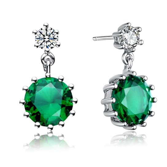 Emerald Color CZ Circle Drop Earrings In Sterling Silver