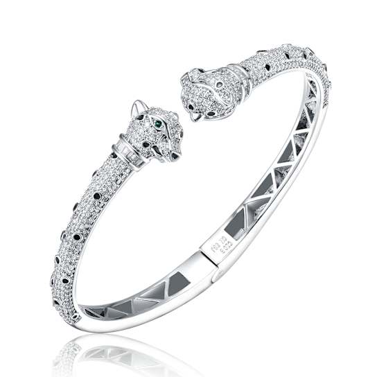 Panther CZ Cuff Bracelet In White Rhodium Over Brass