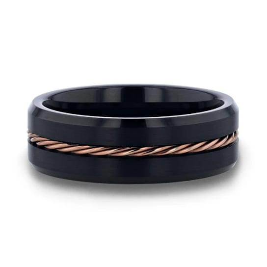 ADELARD Rose Gold Braided Brushed Center Black Tungsten Wedding Band
With Polished Beveled Edges 8mm