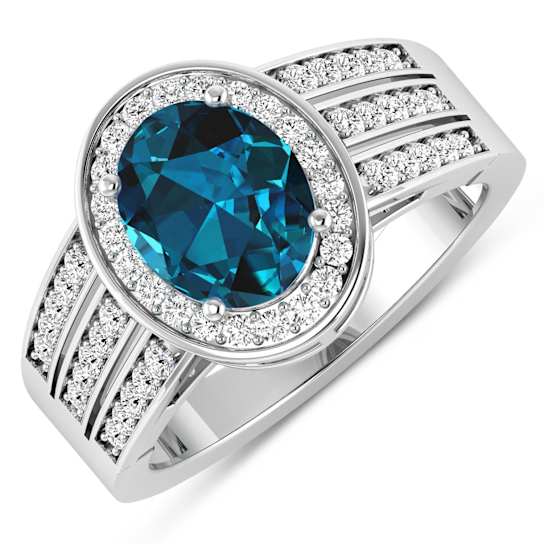 2.34ctw London Blue Topaz and Diamond 14K White Gold Halo Ring