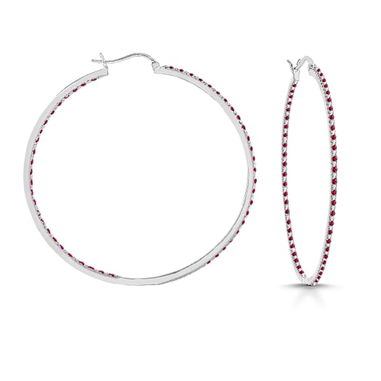 Ruby Color CZ Inside-Out Hoop Earrings In White Rhodium Over Brass