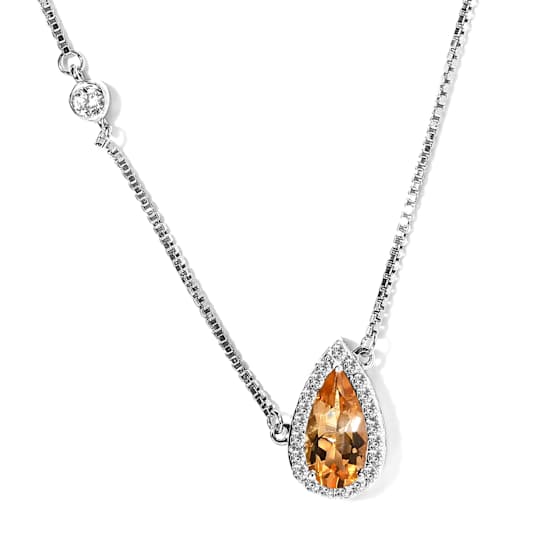 Pear Shape Citrine And White Zircon Station Necklace In Sterling Silver