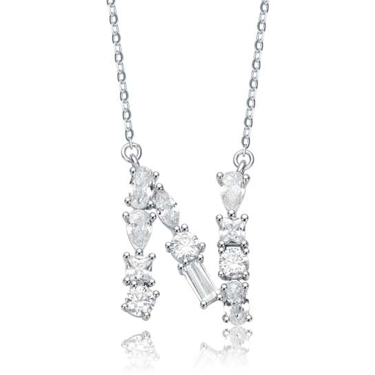 Initial N Mixed Cut CZ Pendant Necklace In Sterling Silver 18 Inch