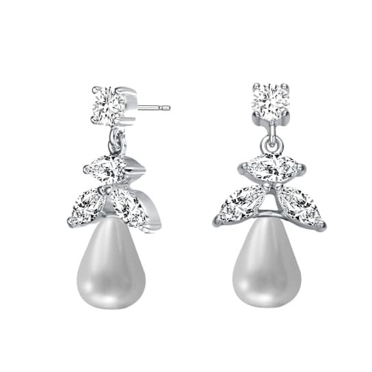 Freshwater Pearl And CZ Teardrop Drop Earrings In Sterling Silver