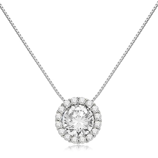 14K White Gold Necklace Round HaloCubic Zirconia Solitaire1.25CTW 18
Inch .60mm Box Link Chain