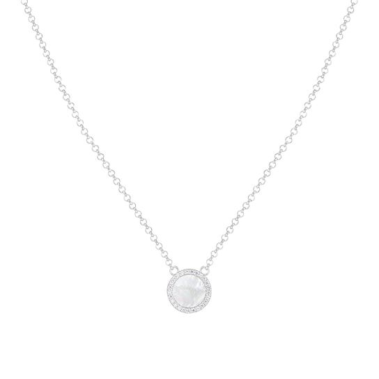 Mother-Of-Pearl And CZ Halo Necklace In Sterling Silver 16 Inch