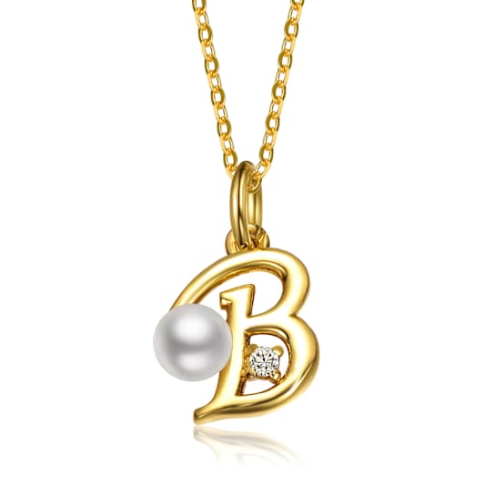 Initial B Pear Shape CZ And Pearl Pendant Necklace In 14K Gold Over Brass