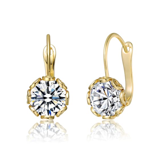 CZ Solitaire Drop Earrings In 14K Gold Over Brass