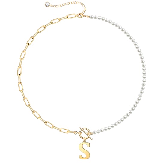 Initial S Paperclip Link And Pearl Simulant Necklace In 14K Gold Over Brass