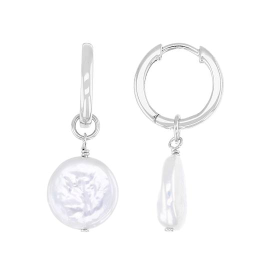 Hoop Earrings With Freshwater Pearl Coin Dangle Earrings In Sterling Silver