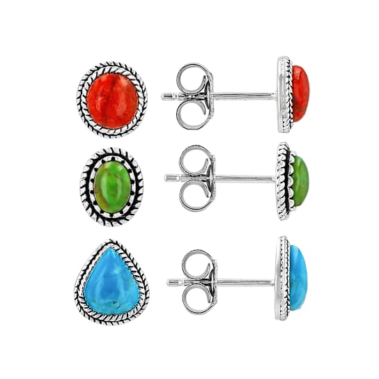 Coral, Green And Blue Turquoise Sterling Silver Stud Earring Set Of 3